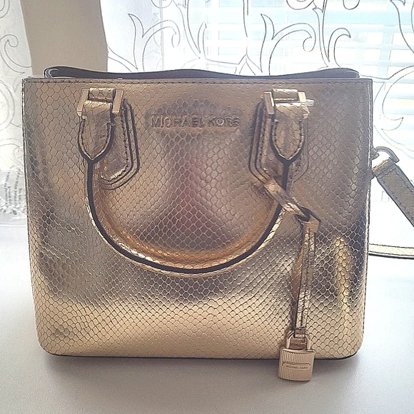 Michael Kors Adele Embossed Leather Gold MD Messenger Crossbody Bag - Picture 5 of 8